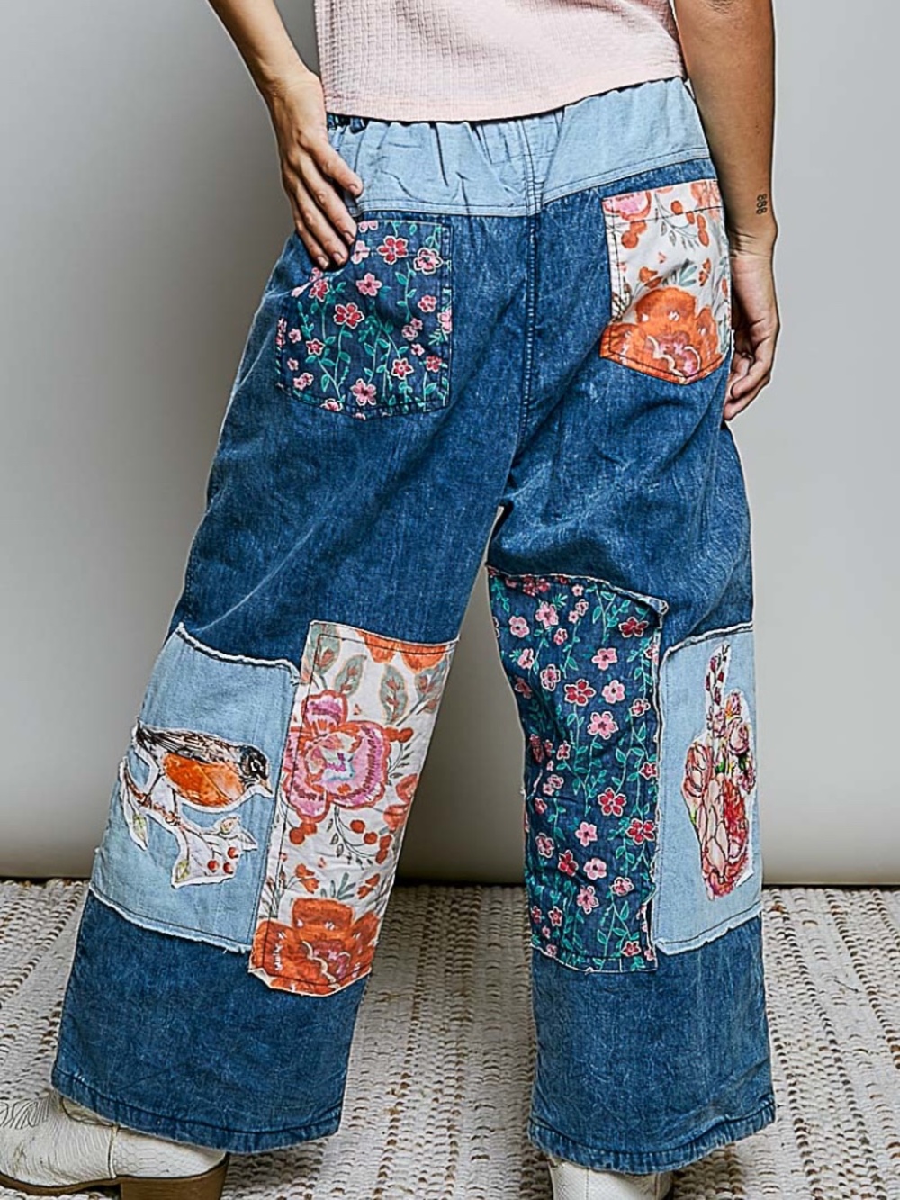 POL Denim Stretchy Waist Heart Birds Love Graphic Patchwork Wide leg Pants - Picture 4 of 9